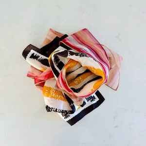 BUNDLE (2) Retro Print Scarves: Sheer Pink Stripe & Art Stripe (Mustard & Black)